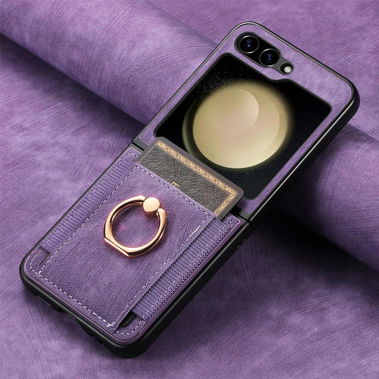 Compatible with Samsung Z Flip 8/7 phone case, 6/5 SIM card holder, ring holder, vegan leather, 4/3 shockproof protective case - Purple Samsung Z Flip 8