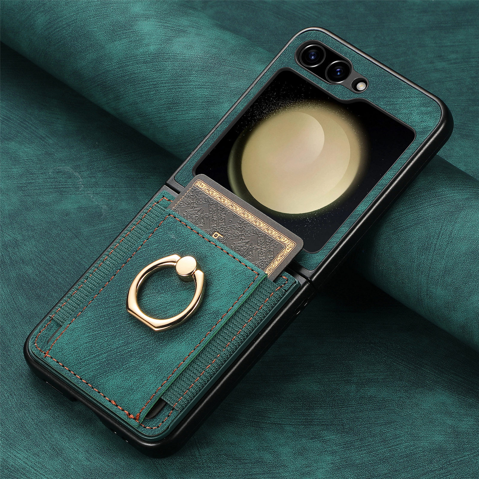 Compatible with Samsung Z Flip 8/7 phone case, 6/5 SIM card holder, ring holder, vegan leather, 4/3 shockproof protective case - Green Samsung Z Flip8