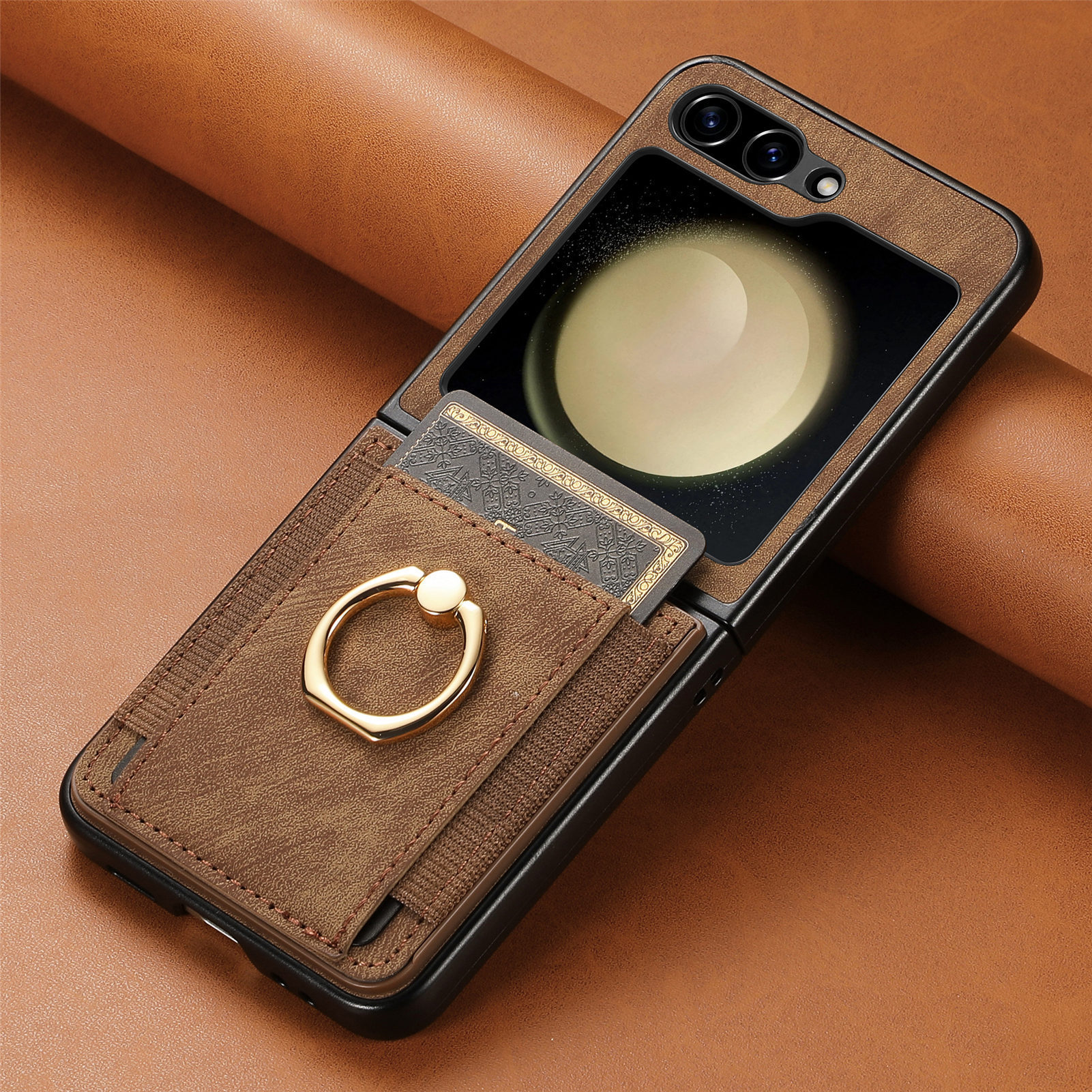 Compatible with Samsung Z Flip 8/7 phone case, 6/5 SIM card holder, ring holder, vegan leather, 4/3 shockproof protective case - Brown Samsung Z Flip 8