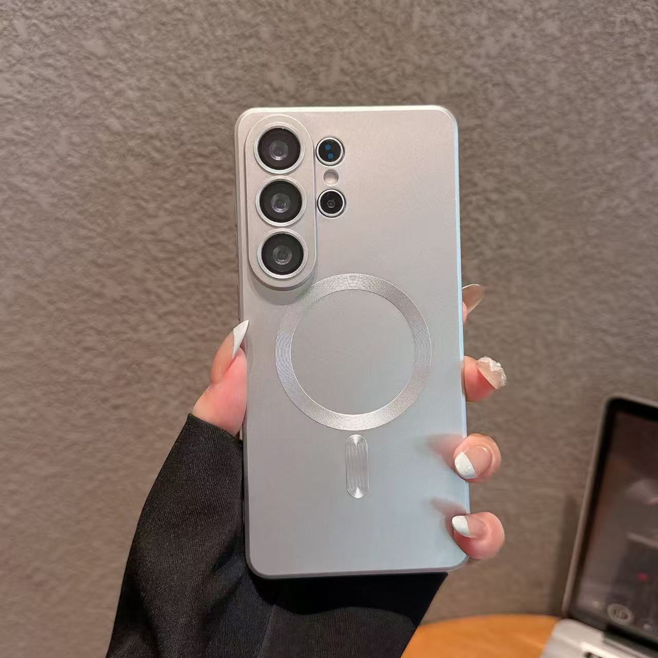 Compatible with Samsung S26/25 ULTRA phone case A57, wireless charging, magnetic closure, S24 Plus, dustproof mesh, A36 protective case - Silver Metallic Paint Magnetic Attachment S26ULTRA