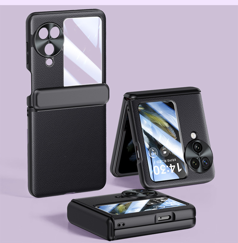Compatible with OPPO Find N3 Flip phone case, electroplated leather, hinge, full-coverage drop-proof protective case. - Solid Black Case Screen Cover