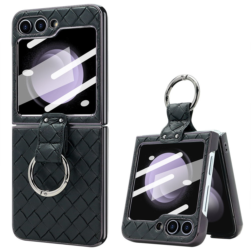 Compatible with Samsung Z Flip 7/6/5 phone case, electroplated woven texture ring holder case, 3/4 drop-proof protective case - Black [Case Screen Protector] Samsung Z Flip7