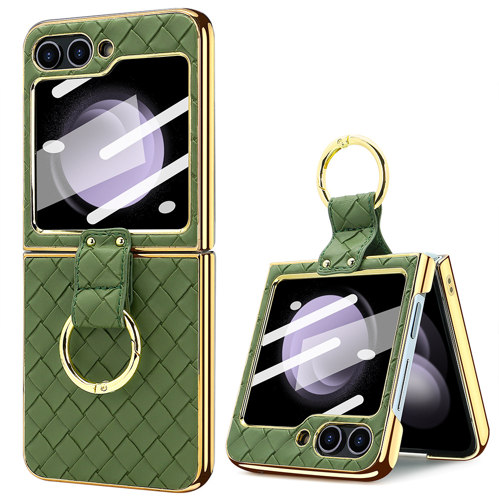 Compatible with Samsung Z Flip 7/6/5 phone case, electroplated woven texture ring holder case, 3/4 drop-proof protective case - Green [Cover] Samsung Z Flip7