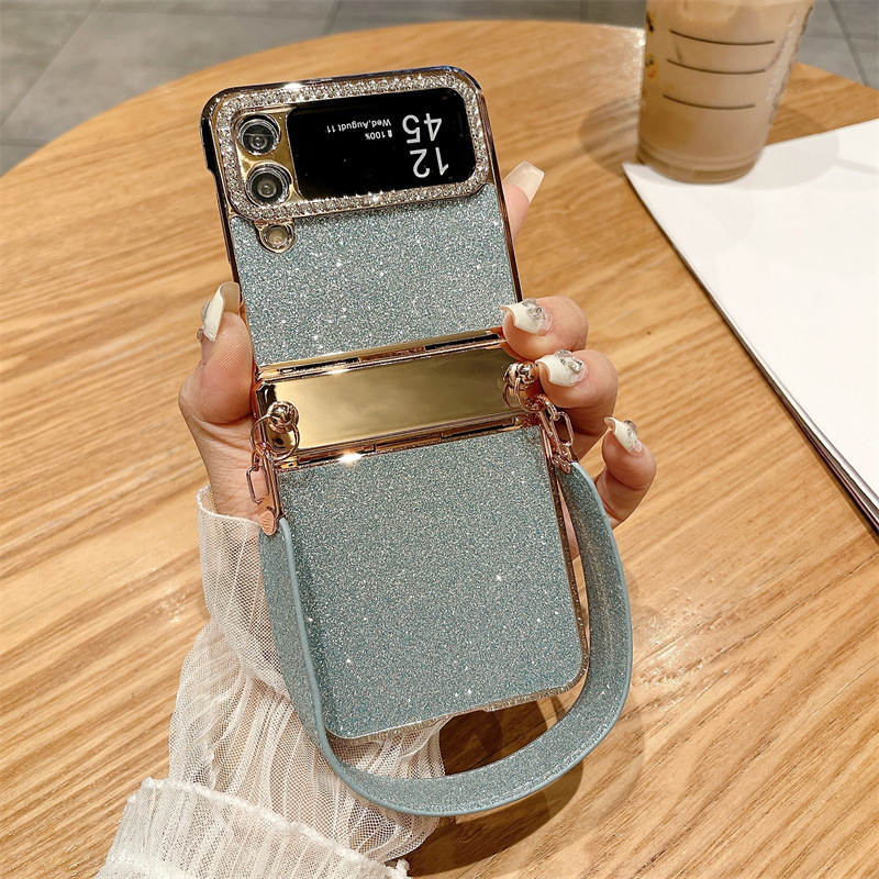 Compatible with Samsung Z Flip 8/7 phone case, 6/5 glitter, stylish wrist strap, 4/3 folding screen protective case - Flip 3 Pure Blue [Rhinestone Attachment] 