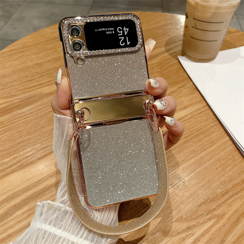 Compatible with Samsung Z Flip 8/7 phone case, 6/5 glitter, stylish wrist strap, 4/3 folding screen protective case - Flip 4 Gradient Gold [Rhinestone Attachment] 