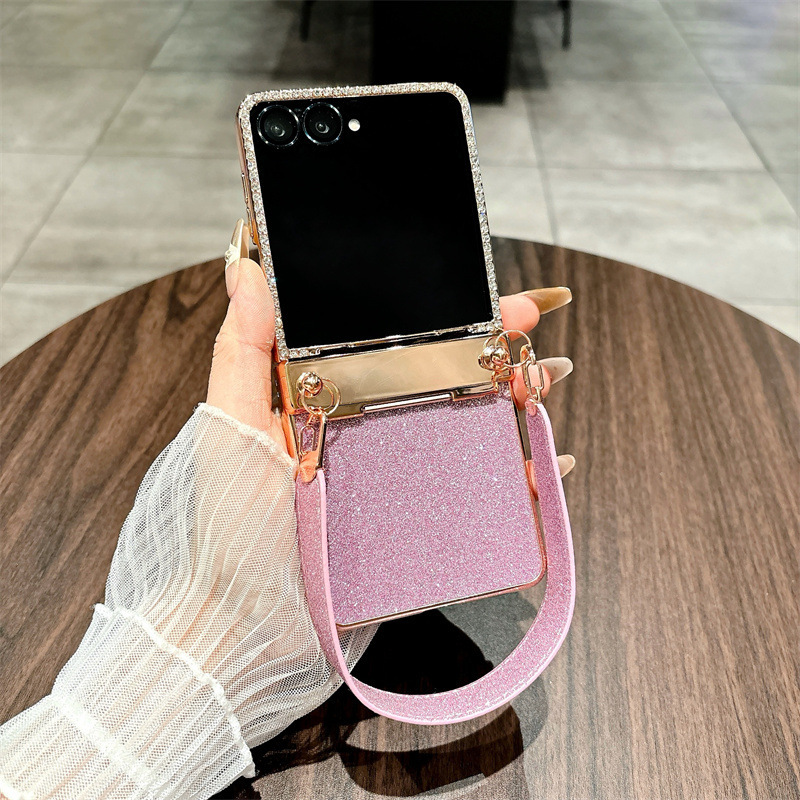 Compatible with Samsung Z Flip 8/7 phone case, 6/5 glitter, stylish wrist strap, 4/3 folding screen protective case - Flip 7 Pure Pink [Rhinestones] 