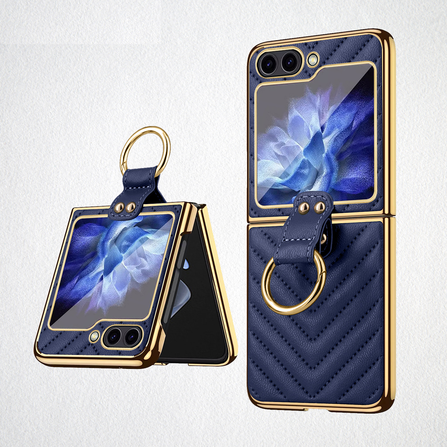 Compatible with Samsung Z Flip 7/6/5 phone cases, 4/3-inch electroplated leather V-pattern ring case, shockproof protective case. - Blue [Cover] Samsung Z Flip7