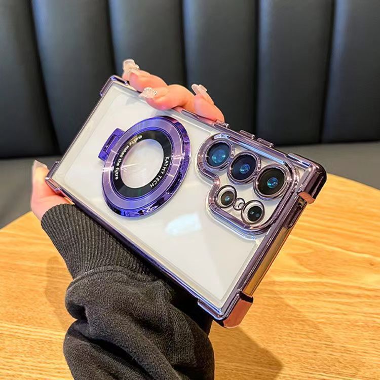 Compatible with Samsung S26/25 Ultra phone case A55 transparent airbag S24 magnetic stand electroplated drop-proof hard case - Purple + [Standard Version] S26ULTRA