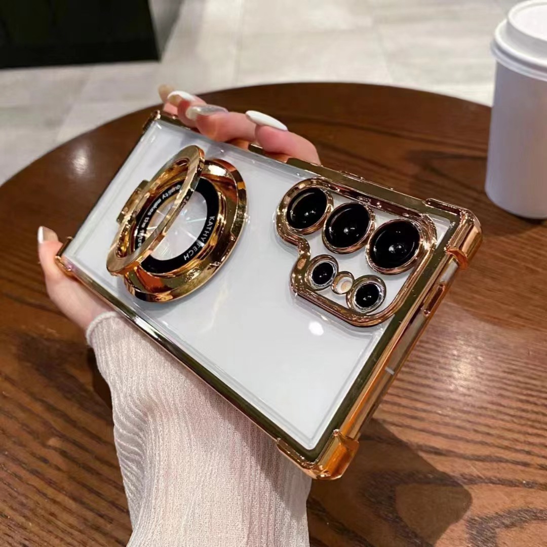 Compatible with Samsung S26/25 Ultra phone case A55 transparent airbag S24 magnetic stand electroplated drop-proof hard case - Gold + [Standard Version] S26ULTRA
