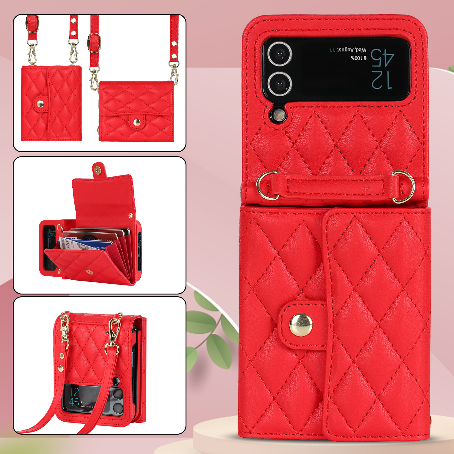 Compatible with Samsung ZFlip 7/6/5 phone case, 4/3 size, Chanel-style crossbody bag, Razr 60/50 folding screen protective case - Red Galaxy-Z Flip 7
