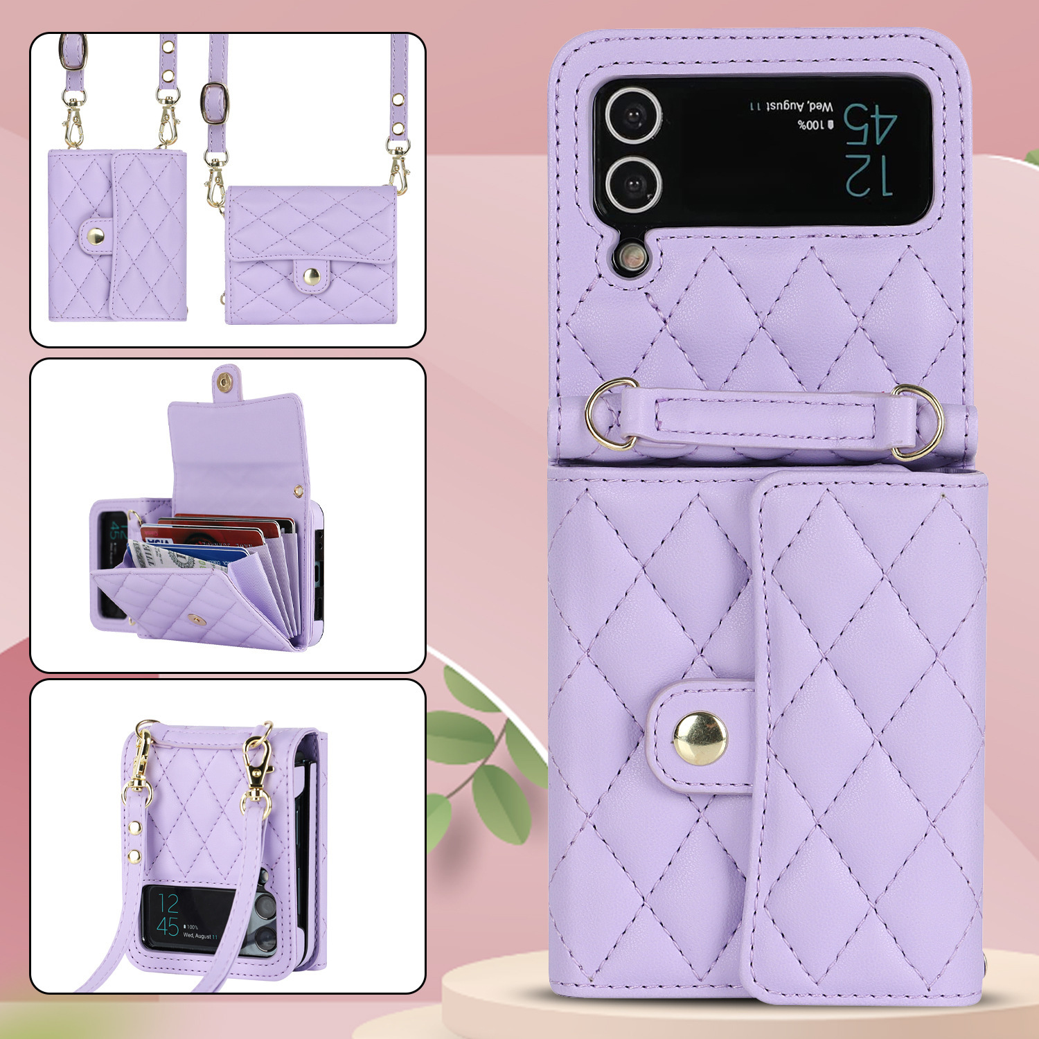 Compatible with Samsung ZFlip 7/6/5 phone case, 4/3 size, Chanel-style crossbody bag, Razr 60/50 folding screen protective case - Light Purple Galaxy-Z Flip 7