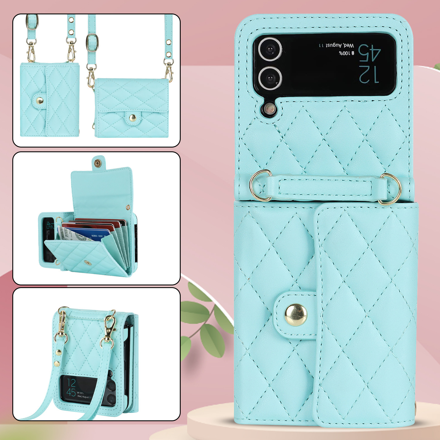 Compatible with Samsung ZFlip 7/6/5 phone case, 4/3 size, Chanel-style crossbody bag, Razr 60/50 folding screen protective case - Sky Blue Galaxy-Z Flip 7