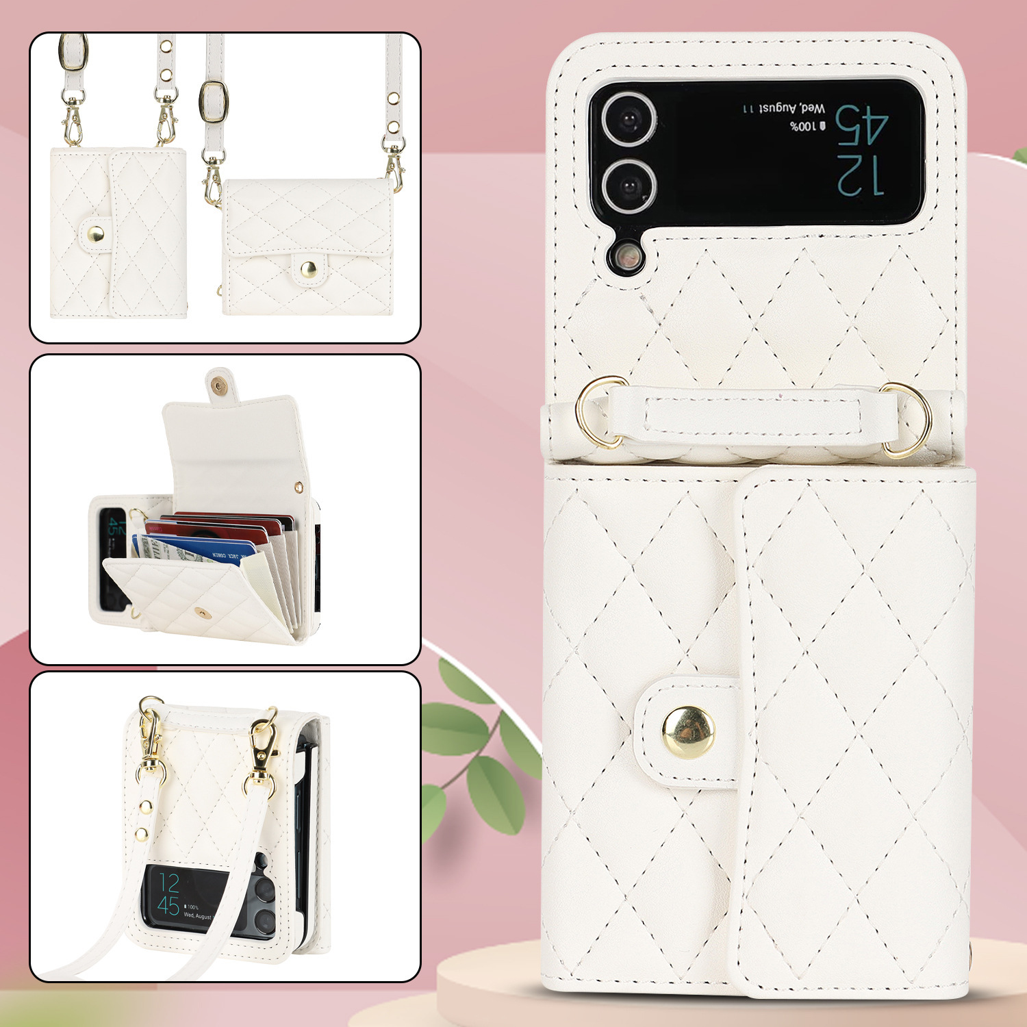 Compatible with Samsung ZFlip 7/6/5 phone case, 4/3 size, Chanel-style crossbody bag, Razr 60/50 folding screen protective case - White Galaxy-Z Flip 7