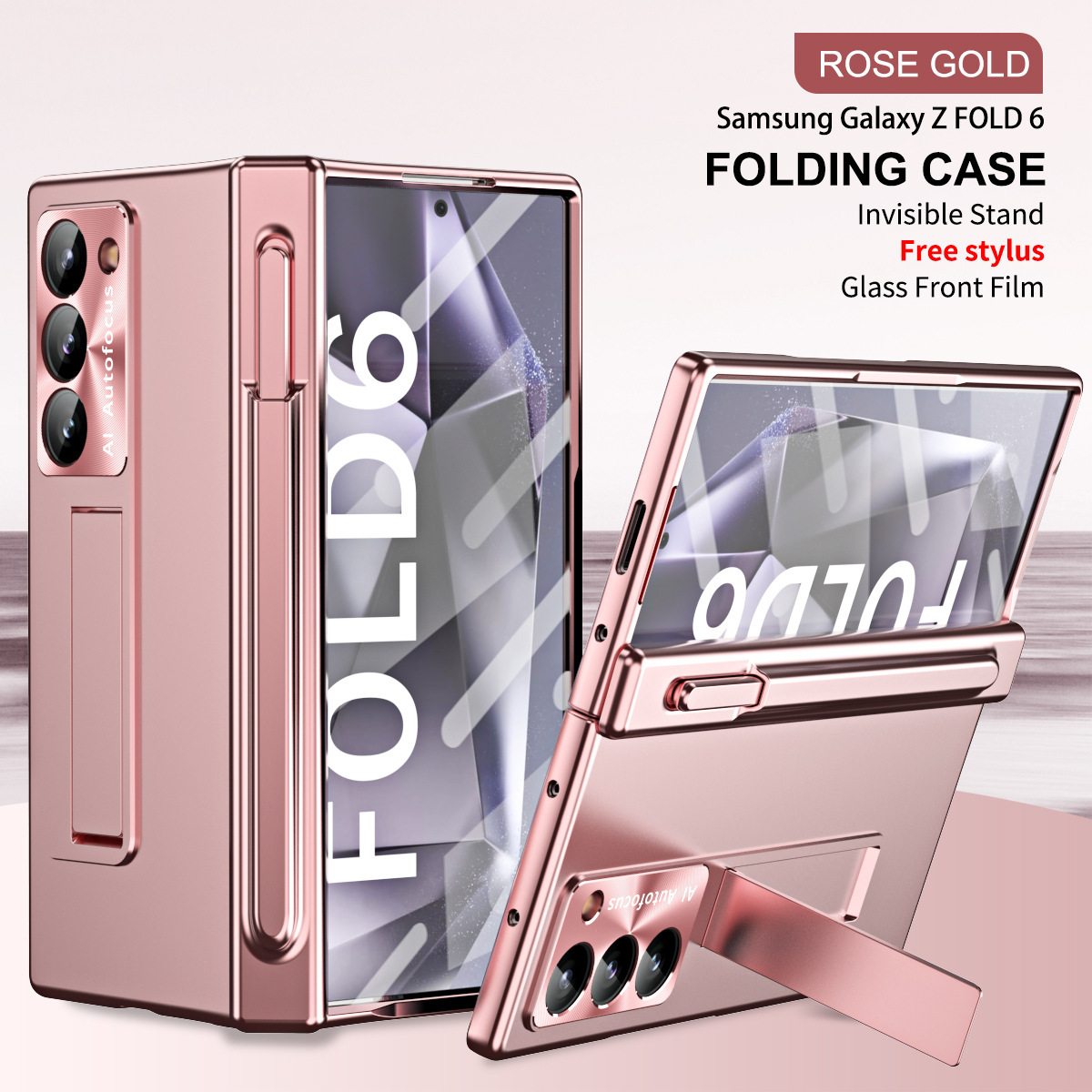 Compatible with Samsung Z Fold6/7/8 phone case, spring hinge, pen slot, includes pen, lens protector, full-coverage protective case. - Pink [Case] with Pen Slot and Pen Samsung Z Fold6