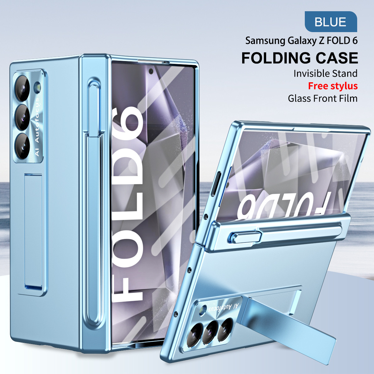 Compatible with Samsung Z Fold6/7/8 phone case, spring hinge, pen slot, includes pen, lens protector, full-coverage protective case. - Blue [Casing] with Pen Slot and Pen Samsung Z Fold6