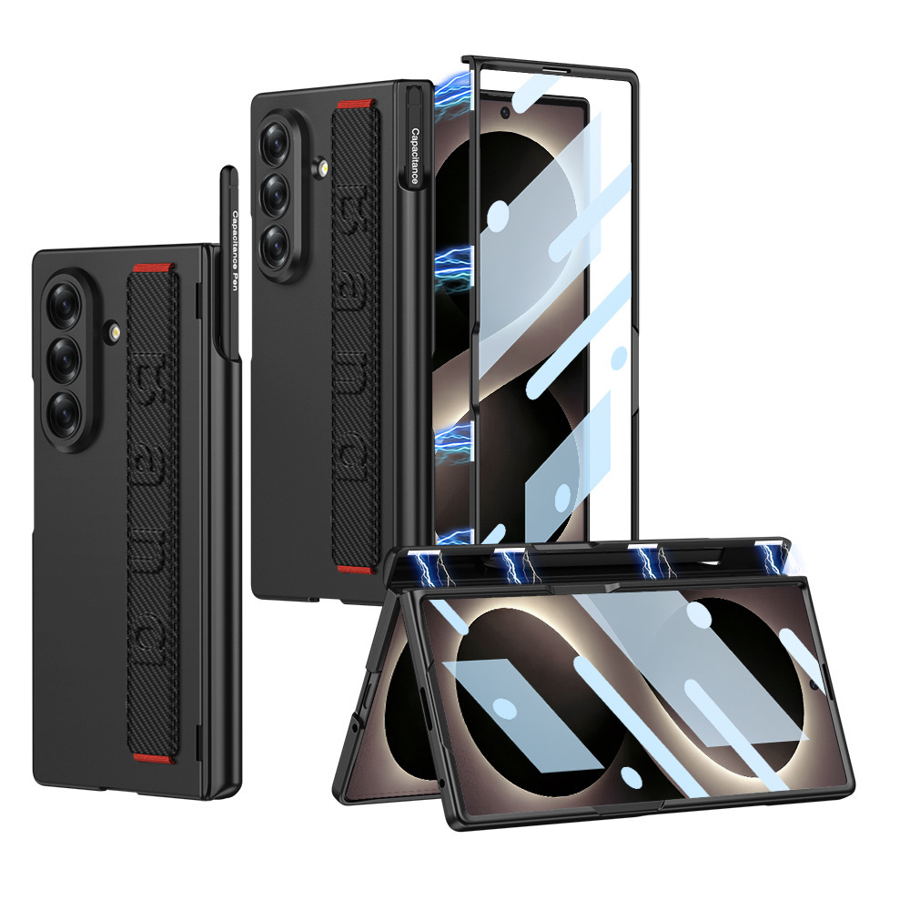 Compatible with Samsung Z Fold8U phone case, 7/6 elastic wrist strap, pen holder case, full coverage, 5/4 folding screen protective case - Carbon fiber textured shell Z Fold8ultra (pen not included)