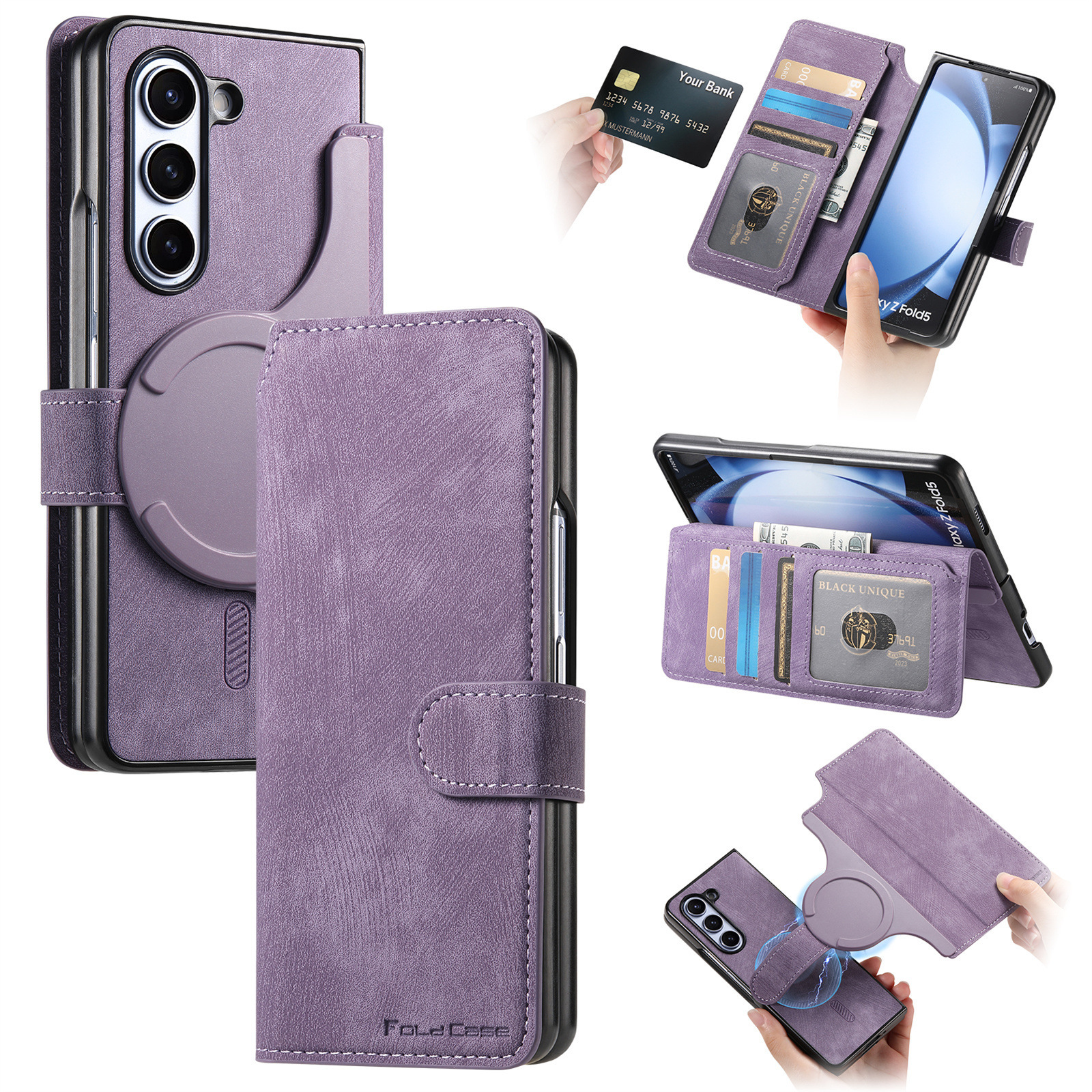 Compatible with Samsung Z Fold8U phone case 7/6/5 magnetic 2-in-1 flip cover with SIM card slot 4/3 drop protection case - Purple Z Fold8ultra