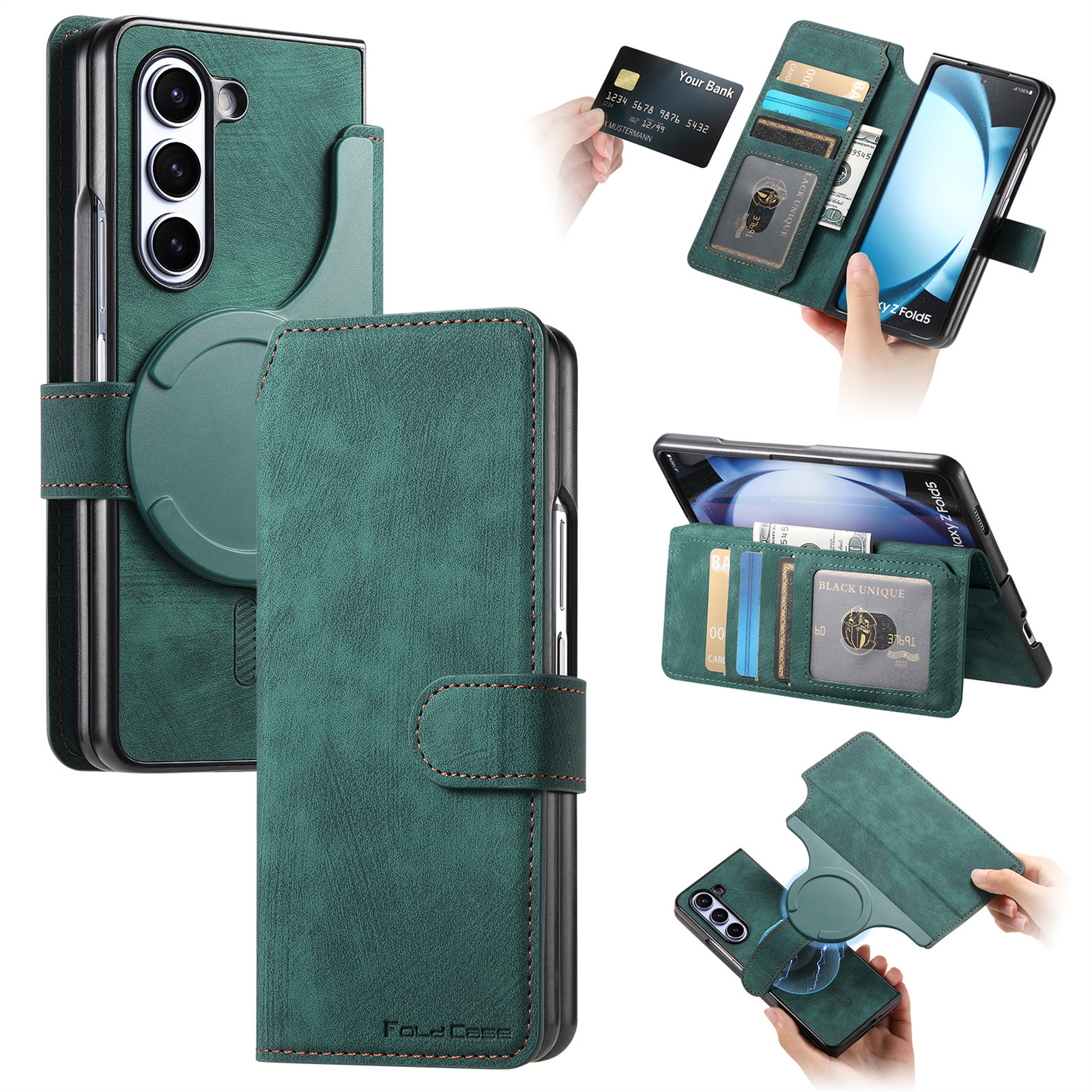 Compatible with Samsung Z Fold8U phone case 7/6/5 magnetic 2-in-1 flip cover with SIM card slot 4/3 drop protection case - Green Z Fold8ultra