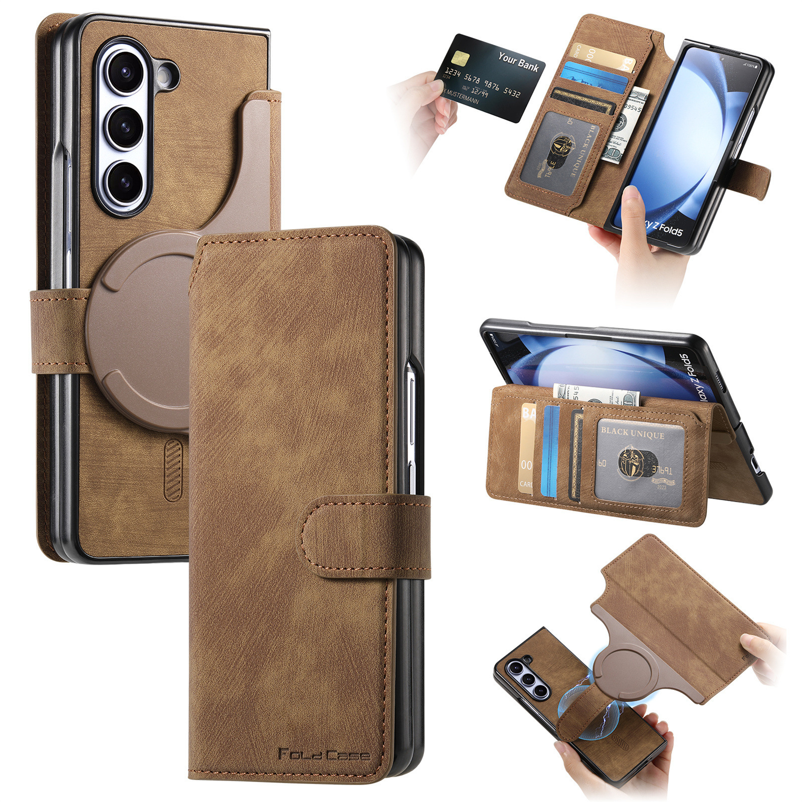 Compatible with Samsung Z Fold8U phone case 7/6/5 magnetic 2-in-1 flip cover with SIM card slot 4/3 drop protection case - Brown Z Fold8ultra