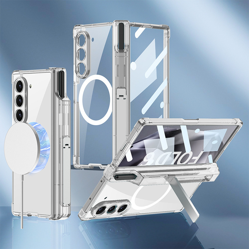 Compatible with Samsung Z Fold8U phone case, 7/6/5 hinge stand, pen case, wireless inflatable case, protective film. - Transparent casing with external metal plate SM-Fold8ultra (pen not included)