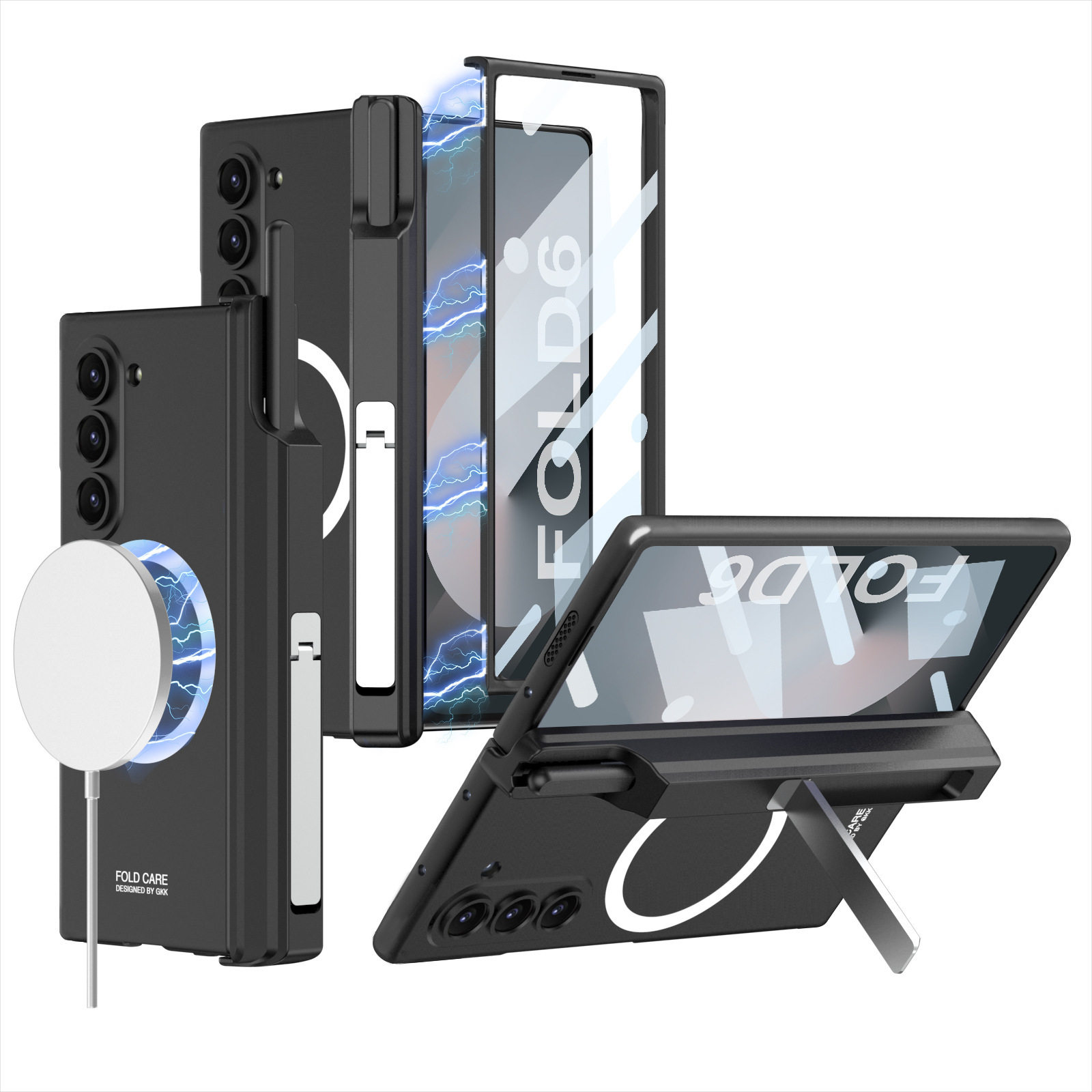 Compatible with Samsung Z Fold6 phone case, magnetic hinge stand, pen case, wireless charger, W25 full-coverage protective case. - Cool Black Pen Case with Stand and Wireless Charger SM-Fold6 (Pen Not Included)