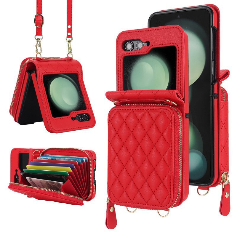 Compatible with Samsung Z Flip 7/6/5 phone case, 4/3-inch Chanel-style zipper card holder, fashionable crossbody shoulder strap protective case - Red Samsung Z Flip7