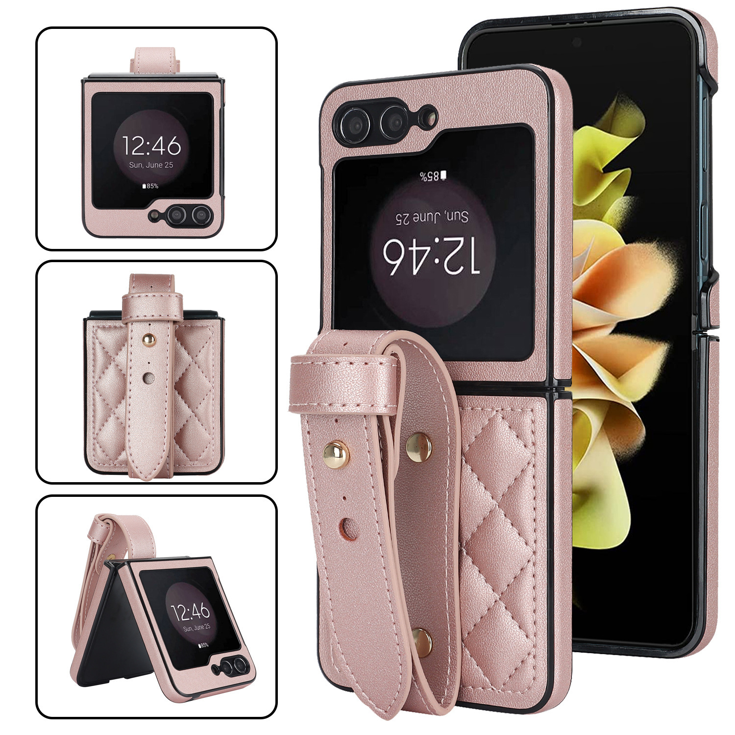 Compatible with Samsung ZFlip 7/6/5 phone cases, 4/3 vegan leather diamond pattern, Huawei/OPPO wrist strap folding protective case - Rose Gold Samsung Z Flip 7