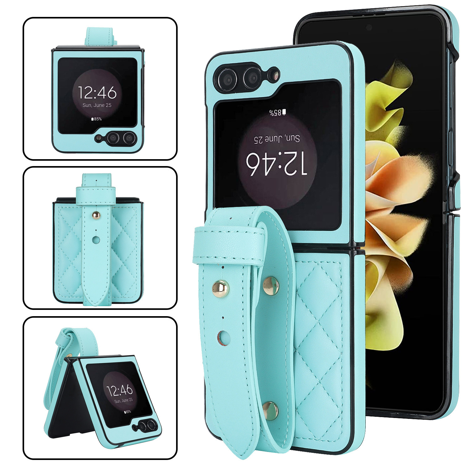 Compatible with Samsung ZFlip 7/6/5 phone cases, 4/3 vegan leather diamond pattern, Huawei/OPPO wrist strap folding protective case - Light blue Samsung Z Flip7