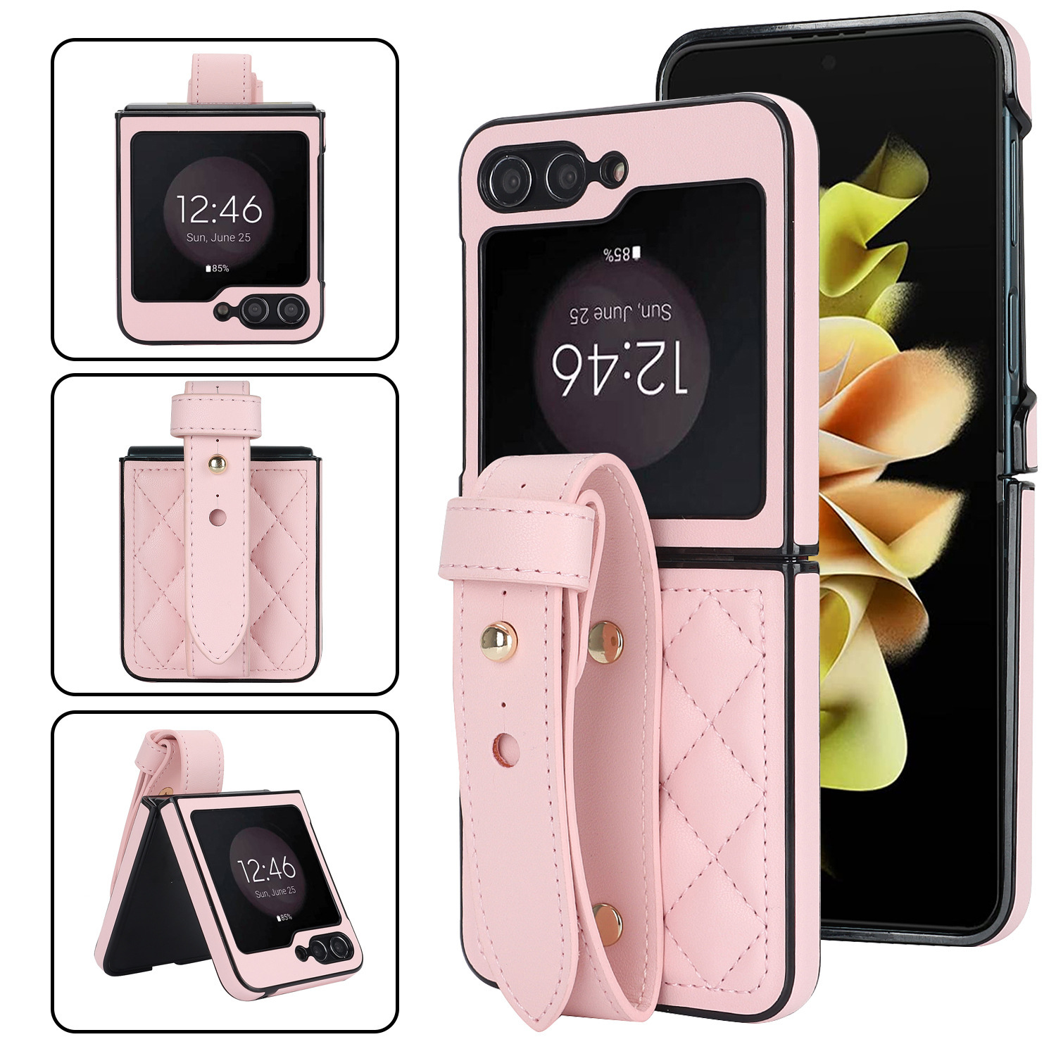 Compatible with Samsung ZFlip 7/6/5 phone cases, 4/3 vegan leather diamond pattern, Huawei/OPPO wrist strap folding protective case - Pink Samsung Z Flip7