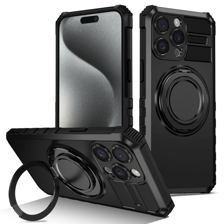 Compatible with Apple iPhone 17 Pro Max and 16 Plus magnetic rotating stand, 15/14mm shockproof, 13PR protective case - Black IP-17promax