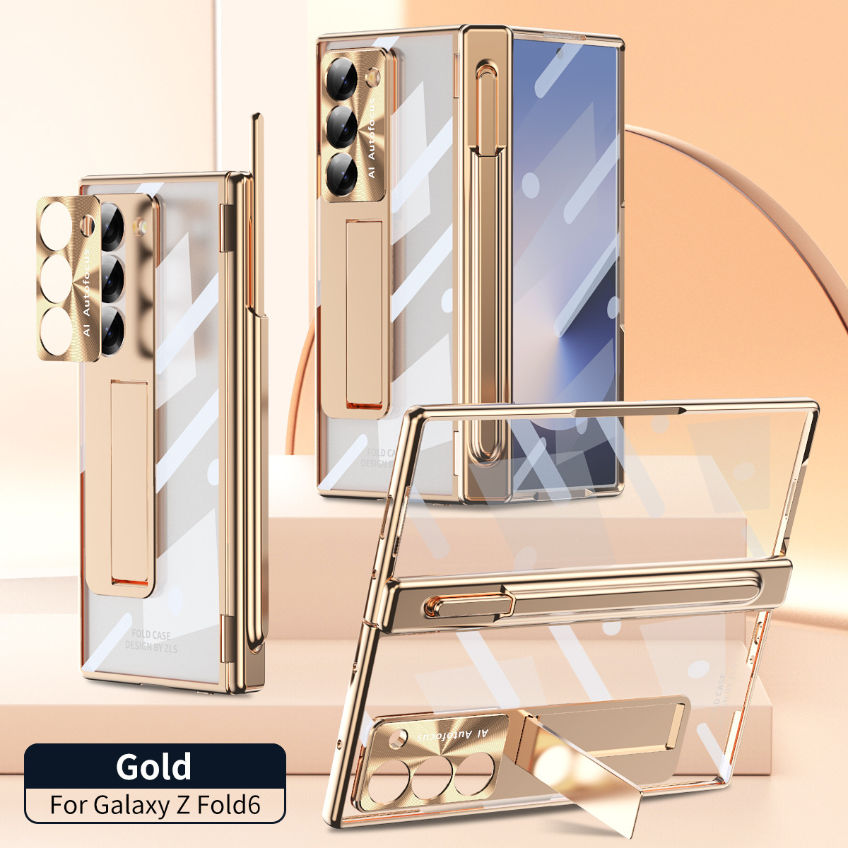 Samsung Z Fold8 Phone Case 7/6 Dual Hinge Pen Slot with Pen Electroplated Transparent Film Full Coverage Protective Case - Gold-plated [Single Pen Slot Hinge] with Pen Z Fold8 Ultra [Standard Edition]