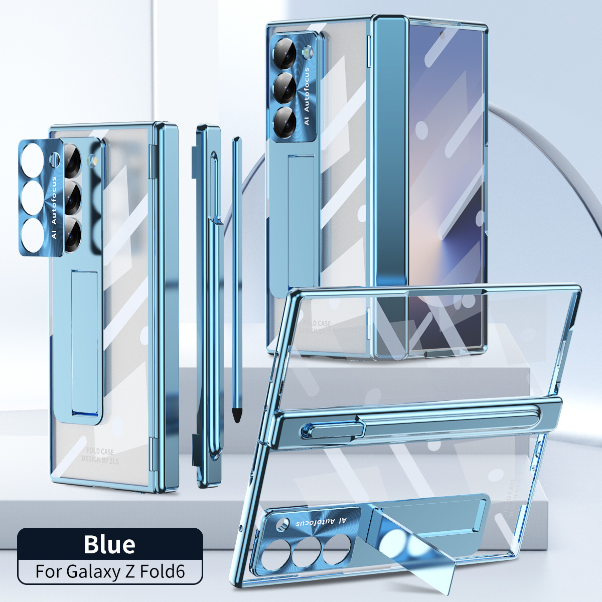 Samsung Z Fold8 Phone Case 7/6 Dual Hinge Pen Slot with Pen Electroplated Transparent Film Full Coverage Protective Case - Blue [Double Hinge] with Pen Z Fold8 Ultra [Standard Edition]
