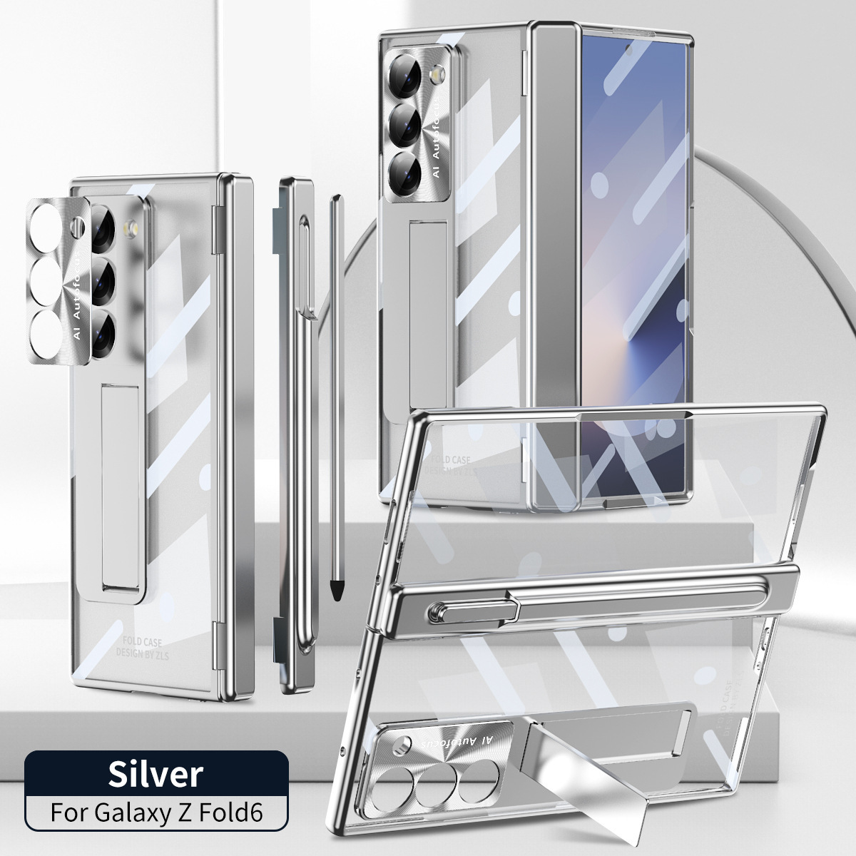 Samsung Z Fold8 Phone Case 7/6 Dual Hinge Pen Slot with Pen Electroplated Transparent Film Full Coverage Protective Case - Silver [Double Hinge] with Pen Z Fold8 Ultra [Standard Edition]