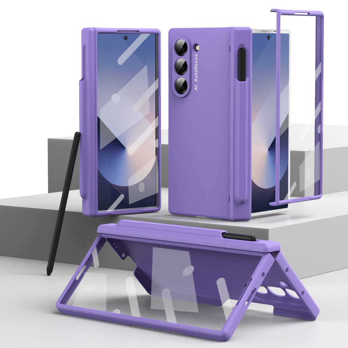 Samsung Z Fold7/6 Phone Case W25 Spring Hinge Pen Holder with Pen Case Film Full Coverage Drop Protection Case - Purple [Pen Slot with Pen] Samsung Z Fold7 [Cover and Screen Protector]