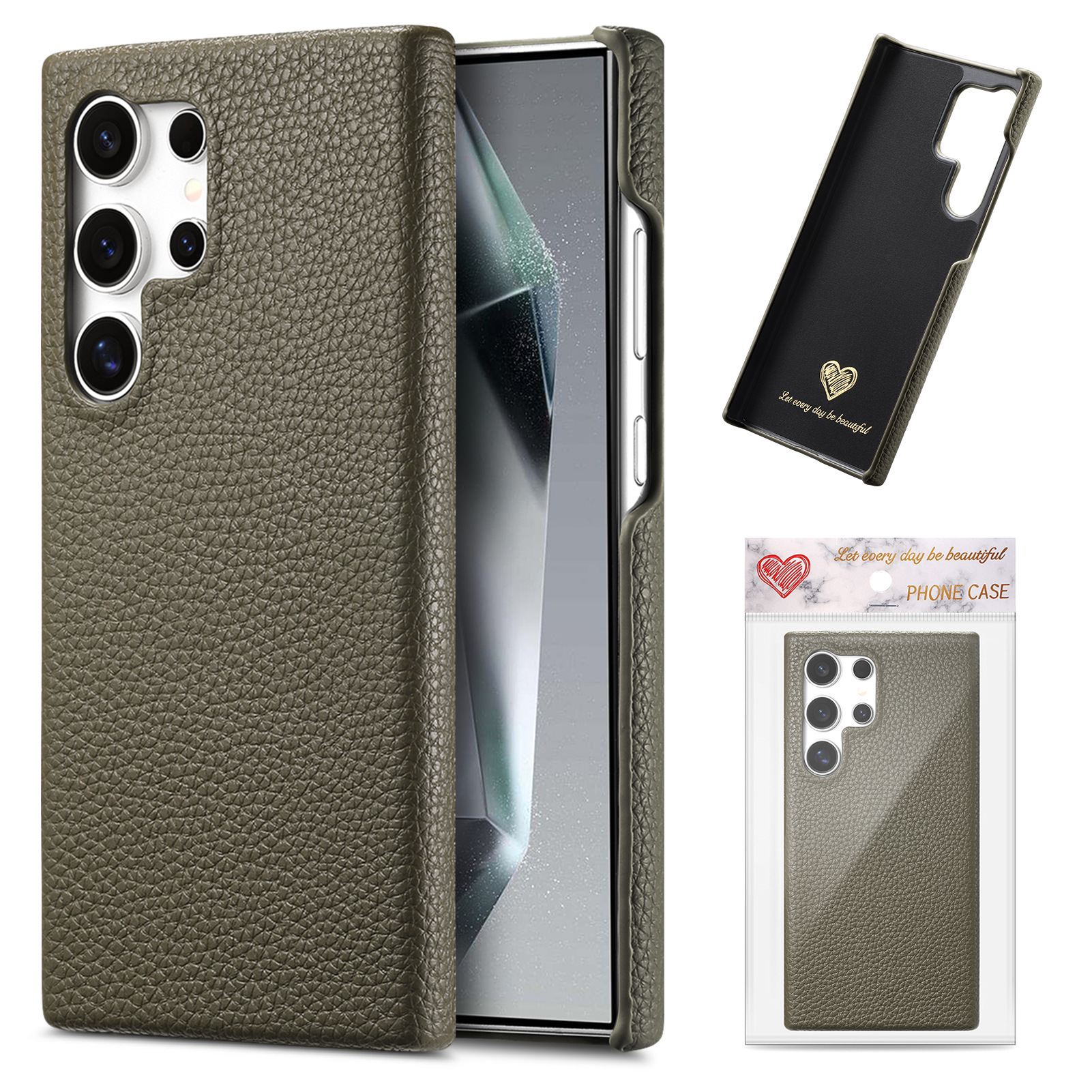 Compatible with Samsung S26/25 Ultra phone case A17 lychee leather texture S24P ultra-thin A57 shockproof protective case A35 - Green S26 Ultra
