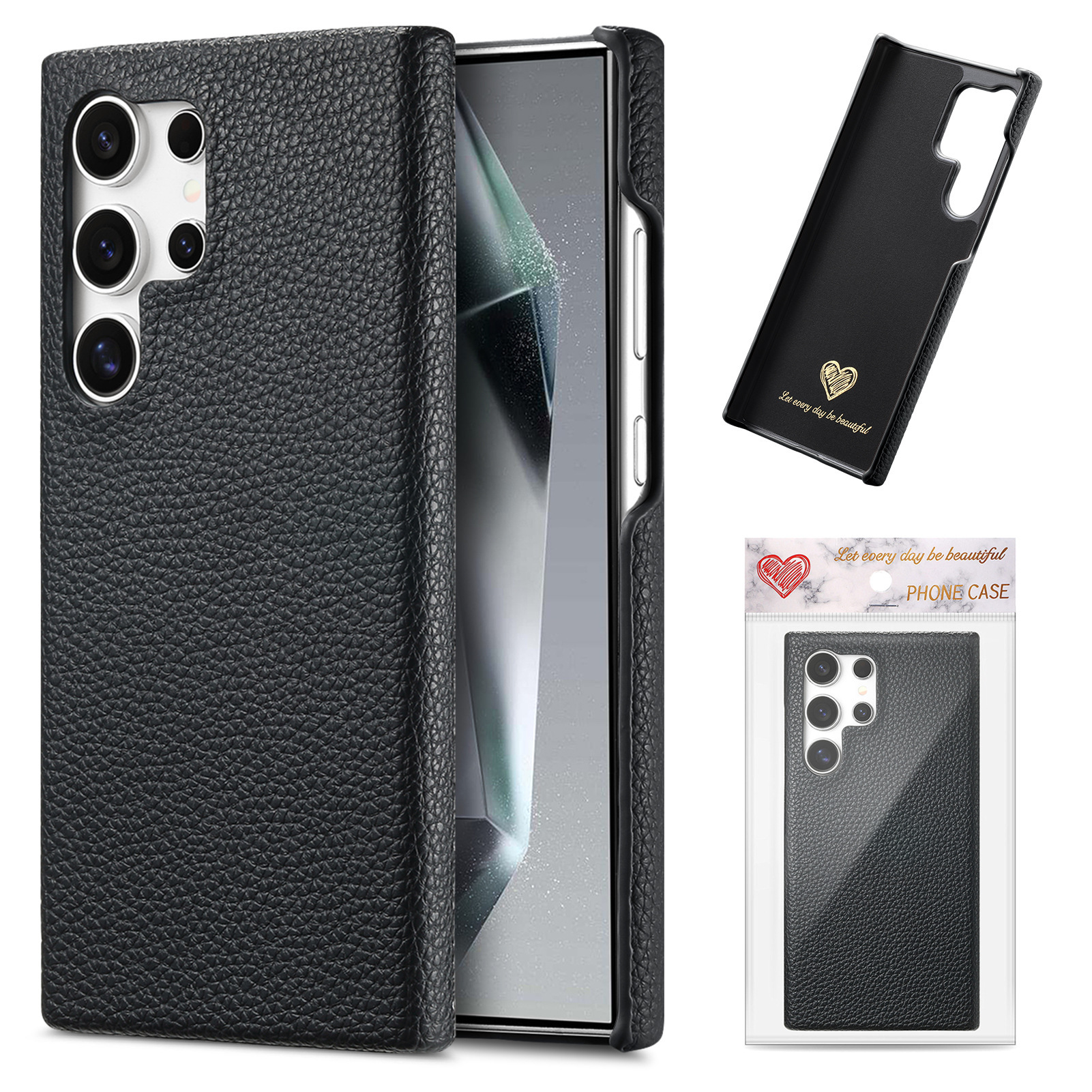 Compatible with Samsung S26/25 Ultra phone case A17 lychee leather texture S24P ultra-thin A57 shockproof protective case A35 - Black S26 Ultra