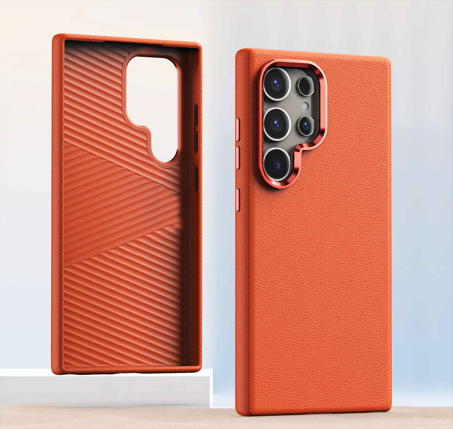 Compatible with Samsung S25 Ultra and S24 Plus, vegan leather case with built-in magnetic wireless charging and shockproof protection. - Orange [Non-magnetic] S25ultra