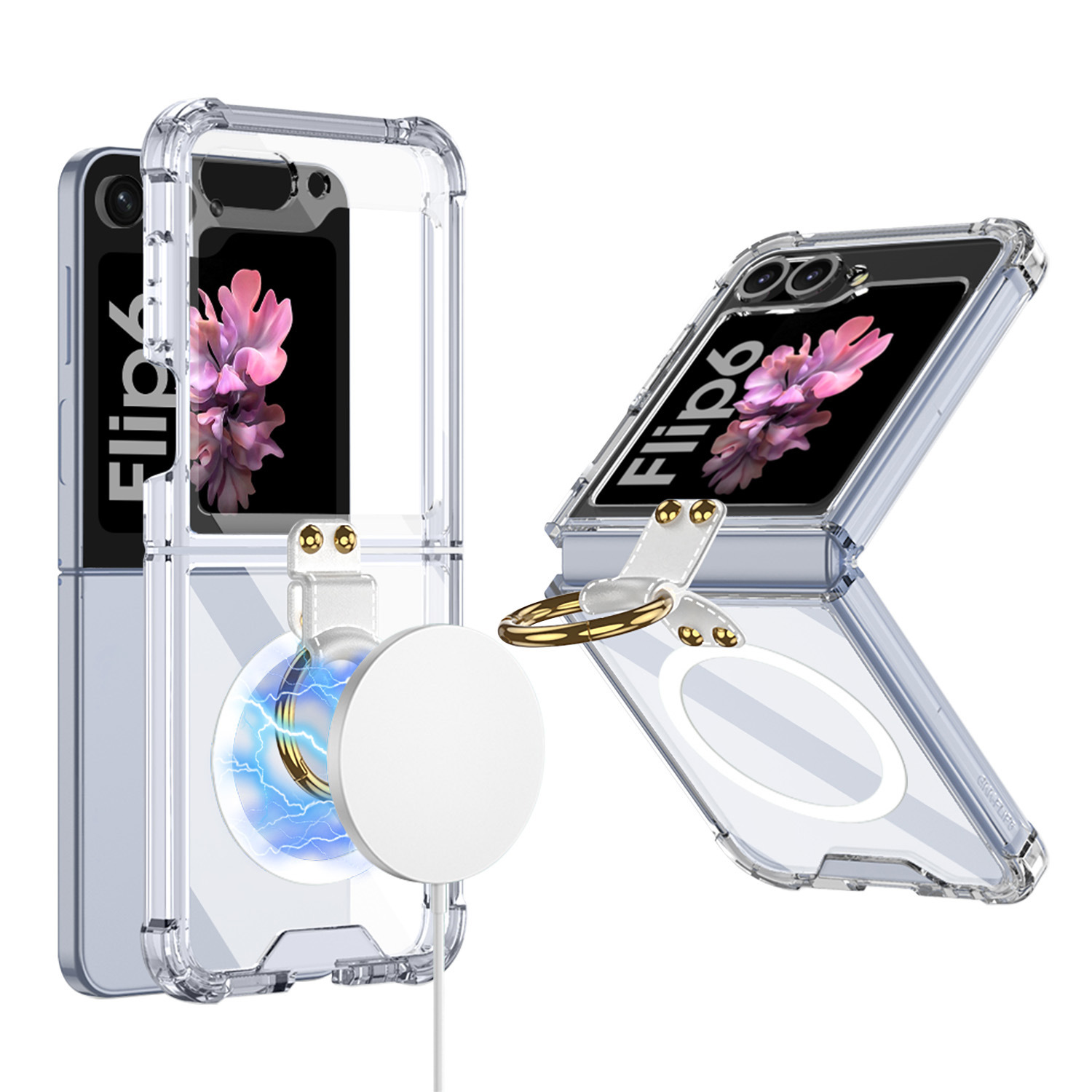 Compatible with Samsung Z Flip 6/5 phone case, 4/3 airbag ring, external magnetic ring, transparent drop-proof protective case. - Transparent Outer Bezel Samsung Z Flip6