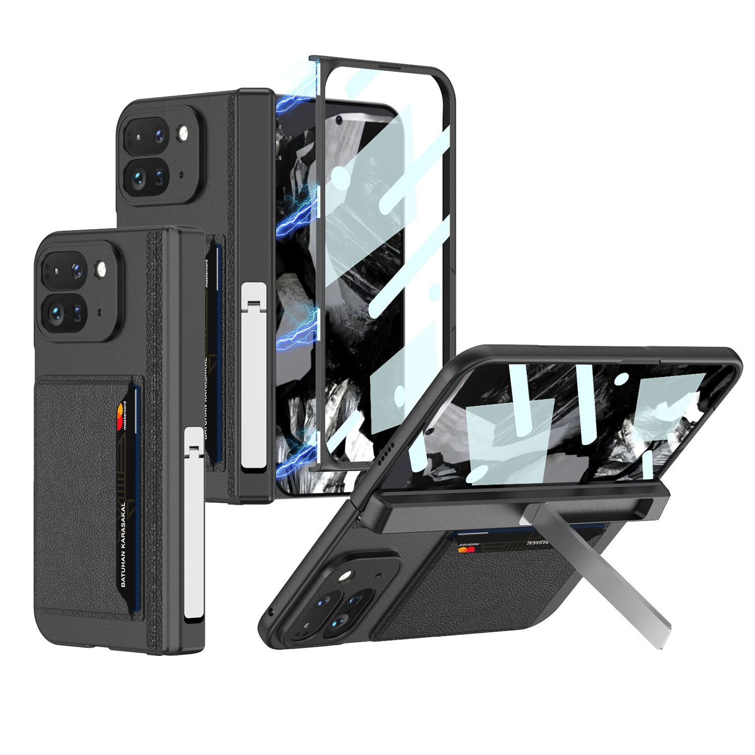 Compatible with Google Pixel 9 Pro Fold phone case, magnetic hinge stand, card holder, folding protective case - Cool Black Case Screen Cover