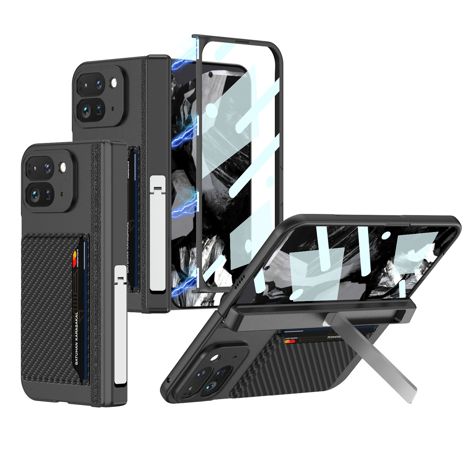 Compatible with Google Pixel 9 Pro Fold phone case, magnetic hinge stand, card holder, folding protective case - Carbon fiber textured case screen protector