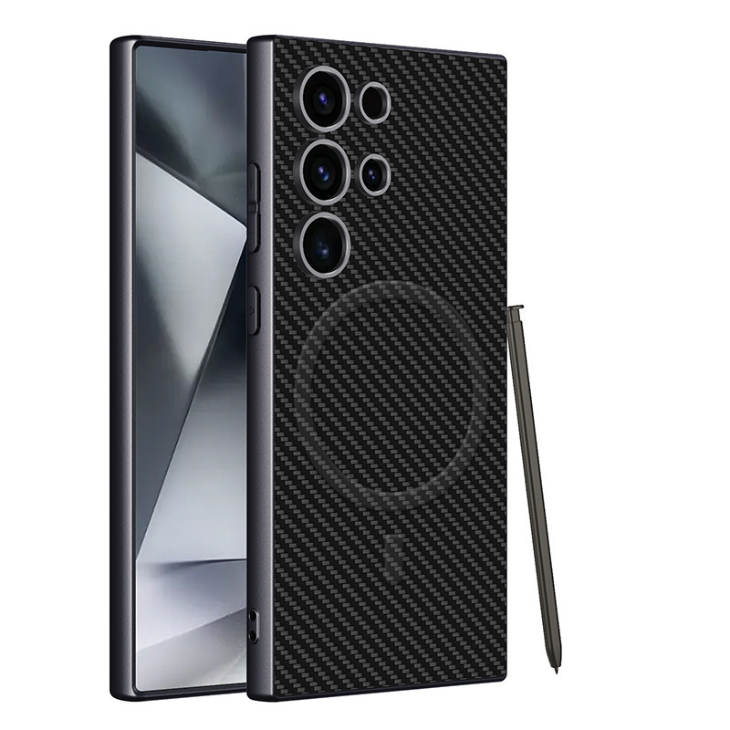 Compatible with Samsung S26 Ultra phone case 25/24 Ultra with built-in magnetic wireless charging S23U vegan leather protective case - Carbon fiber textured surface - built-in magnet SM-S26Ultra [pen not included]