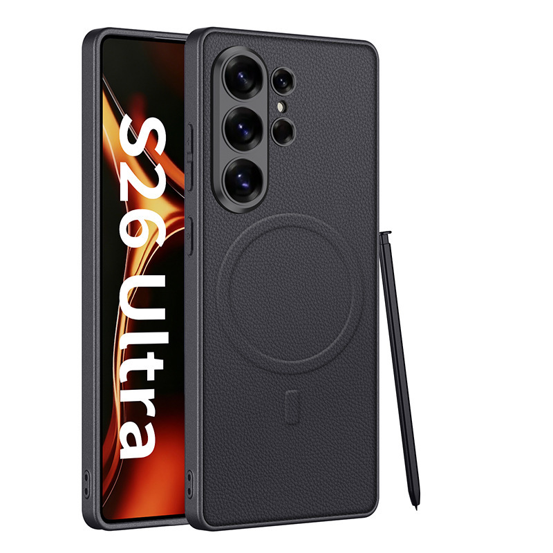 Compatible with Samsung S26 Ultra phone case 25/24 Ultra with built-in magnetic wireless charging S23U vegan leather protective case - Titanium Black - Built-in Magnet SM-S26 Ultra [Pen Not Included]