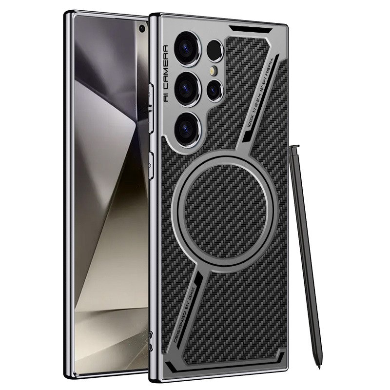 Compatible with Samsung S26/25 Ultra phone case, 24 Ultra electroplated leather, built-in magnetic ring, full-coverage protective case. - Carbon fiber texture SM-S26 Ultra [Pen not included]