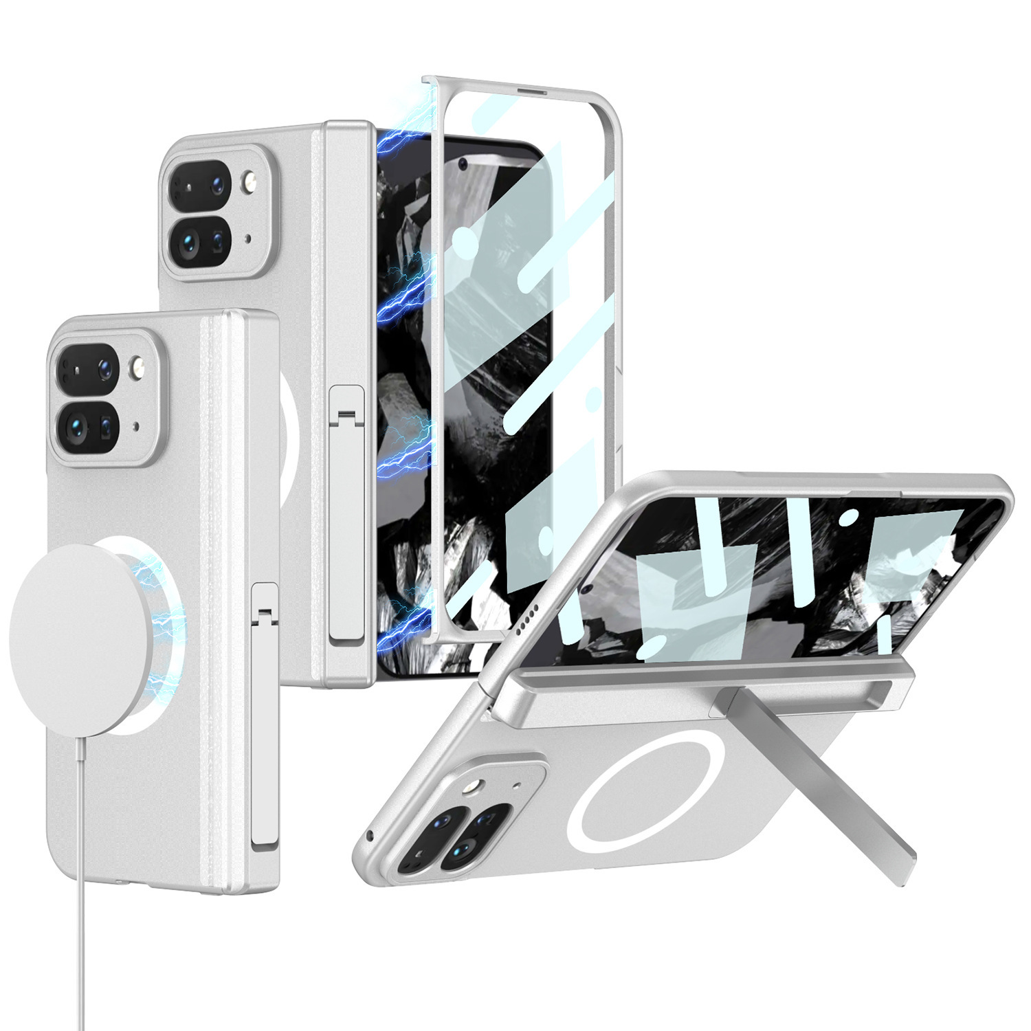 Compatible with Google Pixel 9 Pro Fold phone case, foldable screen, magnetic hinge stand, full-coverage protective case - Elegant Silver Wireless Charger with Case and Screen Protector - Side Case Stand Google Pixel 9 Pro Fold