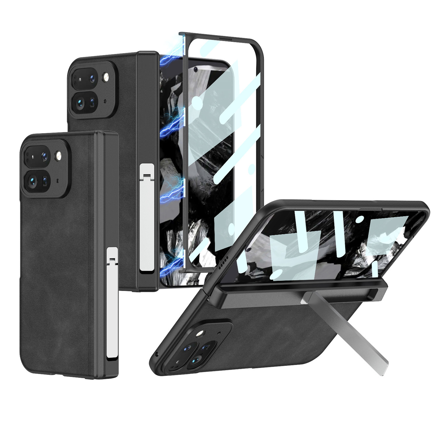 Compatible Google Pixel 9 Pro Fold phone case, vegan leather, magnetic hinge, stand, full-coverage protective case. - Matte Black Case Screen Cover and Stand