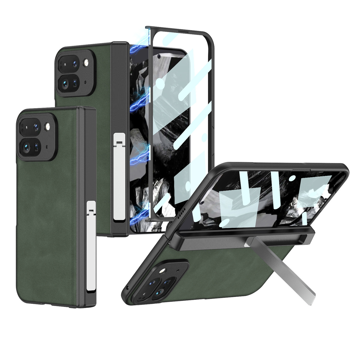 Compatible Google Pixel 9 Pro Fold phone case, vegan leather, magnetic hinge, stand, full-coverage protective case. - Matte Green Case Screen Cover