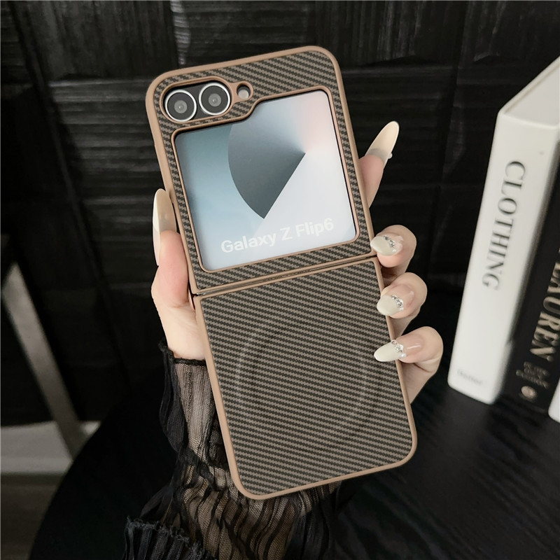 Compatible with Samsung Z Fold7/6/5 phone case, Flip7/6/5 with built-in magnetic ring, 4/3 carbon fiber textured protective case - Brown Samsung Z Flip 7 [Foldable]