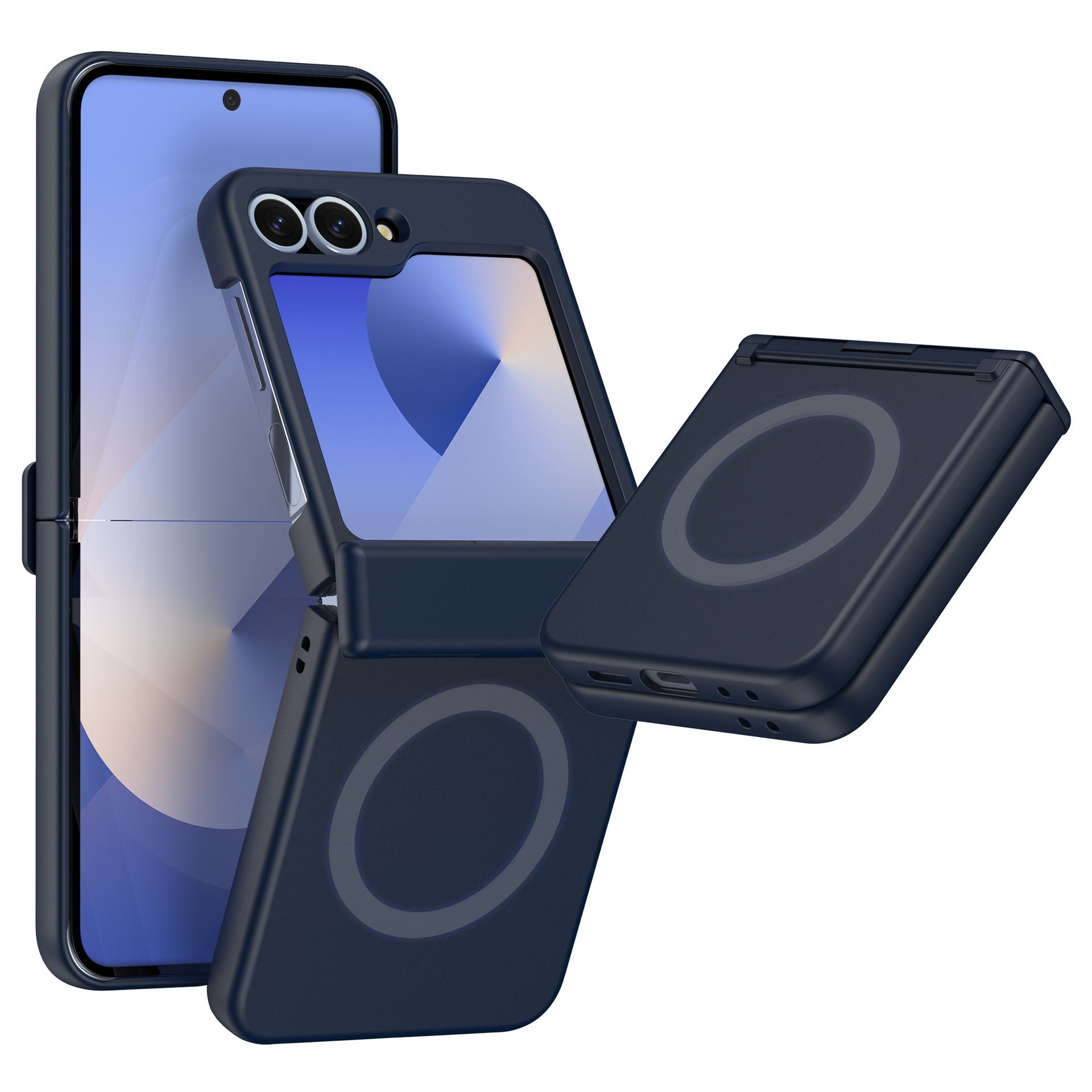 Compatible with Samsung Z Flip 7/6/5 phone case, 4/3 inches, built-in magnetic wireless charging hinge, full-coverage drop-proof protective case. - Dark Blue [Internal Ring] Samsung Z Flip7 [Center Axis Model]