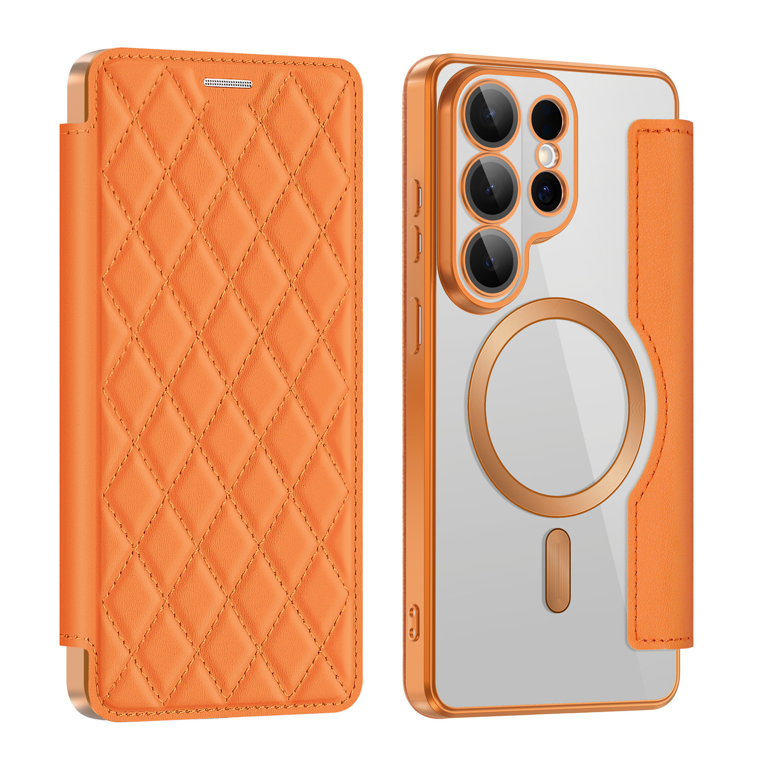 Compatible with Samsung S26 Ultra phone case A37, Chanel-style S25 magnetic full-coverage S24 Plus flip leather case A56 - Orange [Ya Shield] S26ULTRA