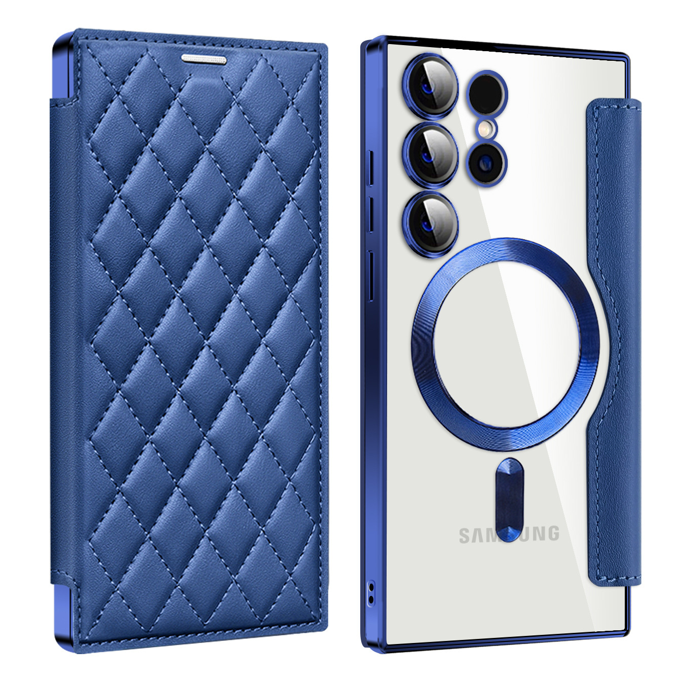 Compatible with Samsung S26 Ultra phone case A37, Chanel-style S25 magnetic full-coverage S24 Plus flip leather case A56 - Dark blue [Ya Dun] S26ULTRA
